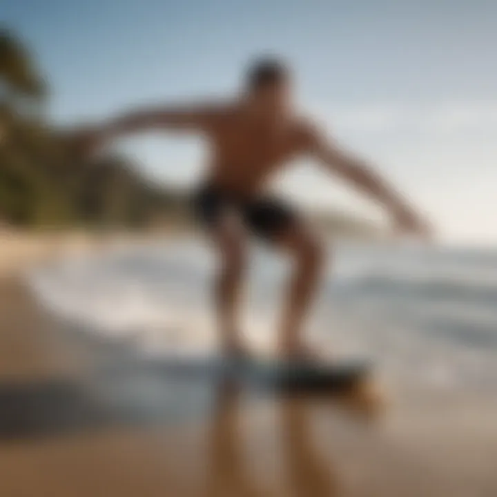 An athlete demonstrating advanced exo skim boarding skills on a smooth beach.