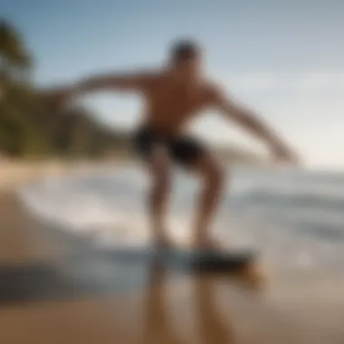 Mastering Advanced Techniques in Exo Skim Boarding An athlete demonstrating advanced exo skim boarding skills on a smooth beach.