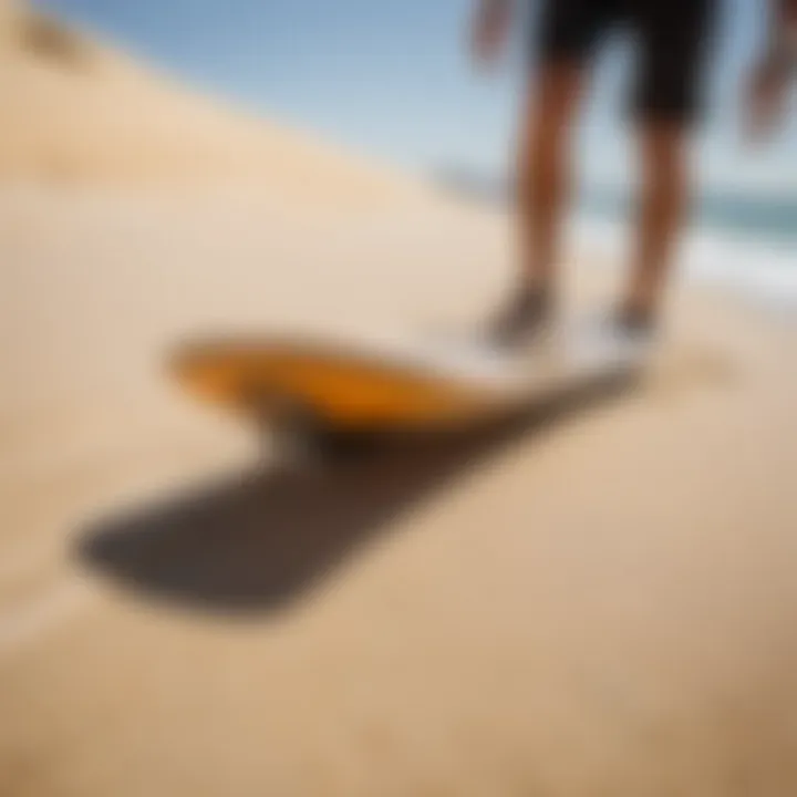 A close-up of high-quality exo skim boarding equipment on the sand.