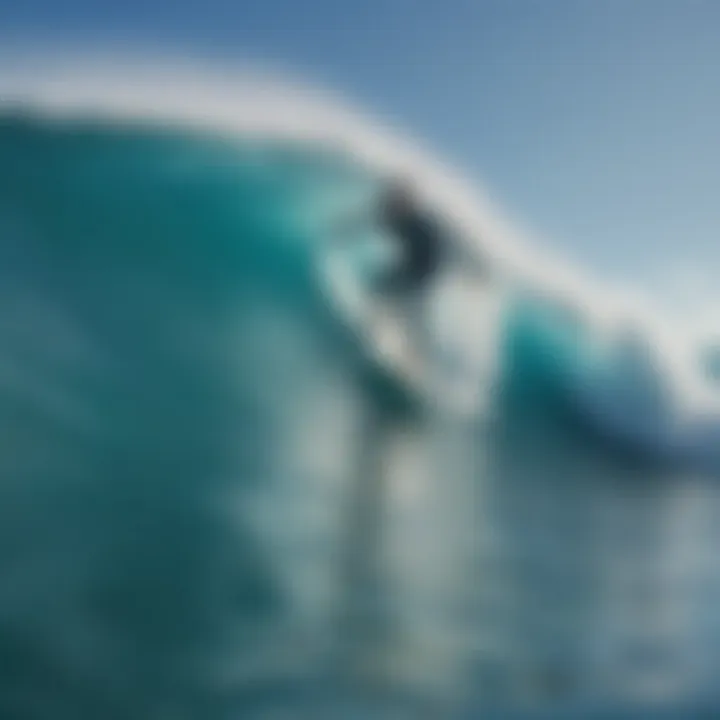 A surfer riding a perfect wave in the clear blue waters of the Maldives