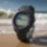 A high-tech surf watch displaying tide information