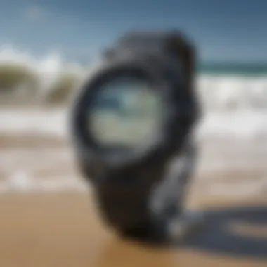 A high-tech surf watch displaying tide information