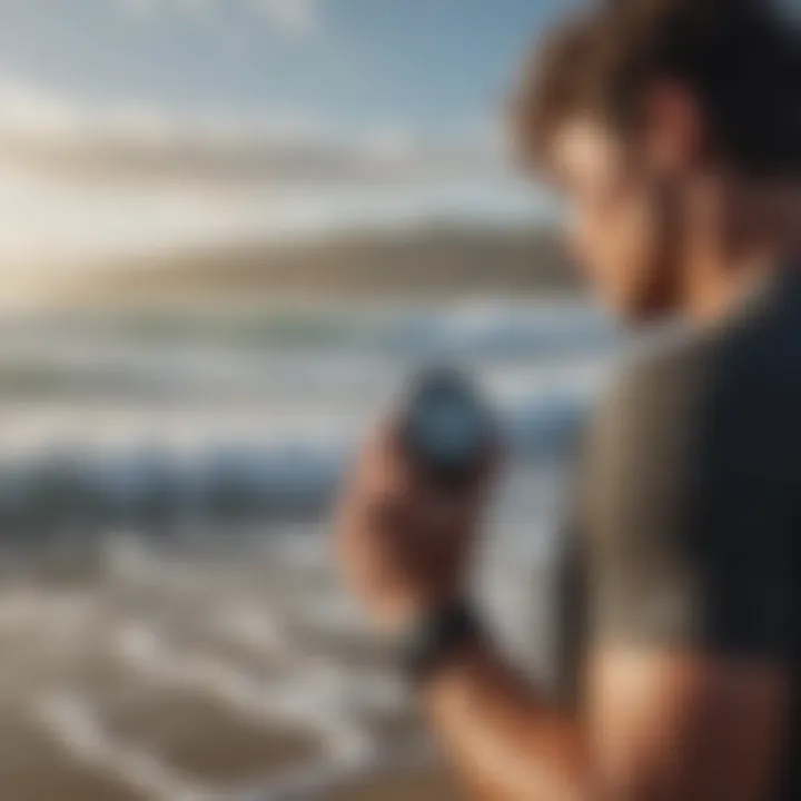 A surfer checking wave forecasts on a smartwatch