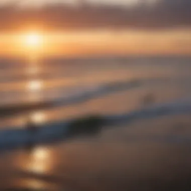 Coastal sunset with surfers silhouetted against the horizon