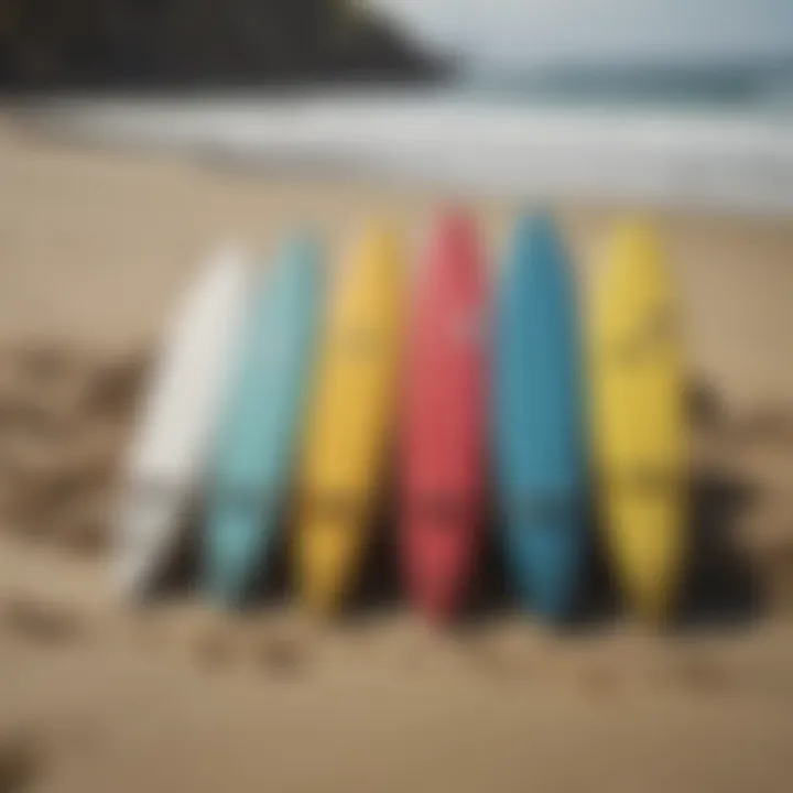 Surfboard lined up on the shore ready for action