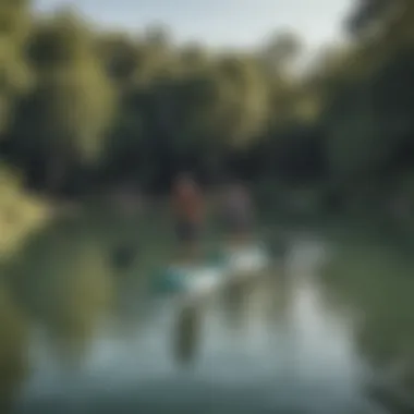 A group engaging in paddleboarding on tranquil waters