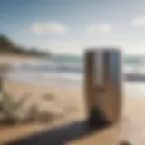 Corkcicle Mug on a beach setting with waves in the background