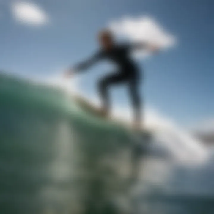 Surfer expertly riding a wave on an epoxy long board