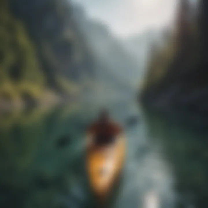 Kayaker navigating through a serene lake surrounded by mountains