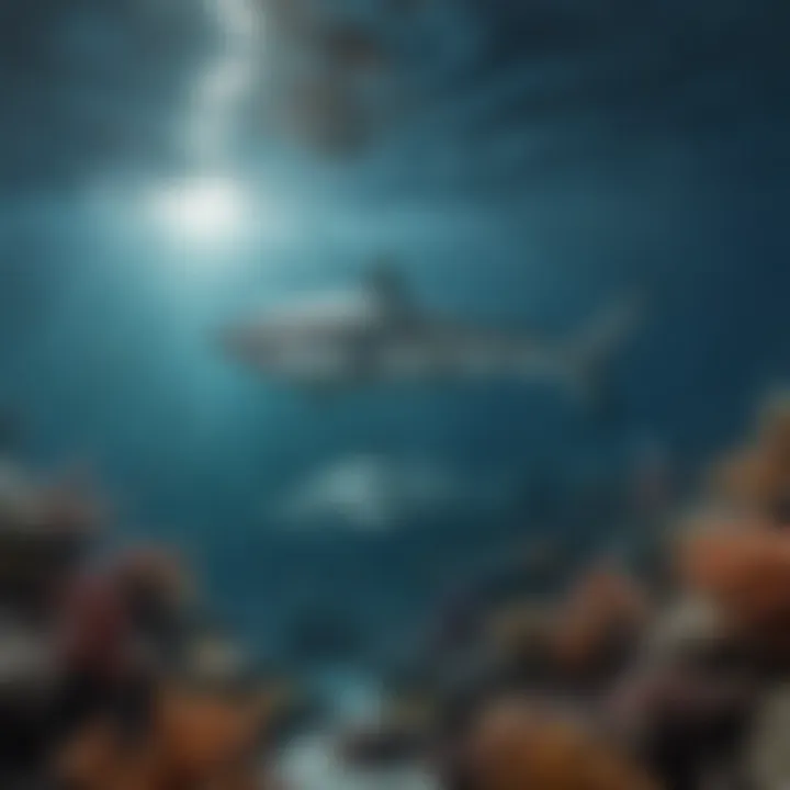 A vibrant underwater scene depicting sharks in their natural habitat