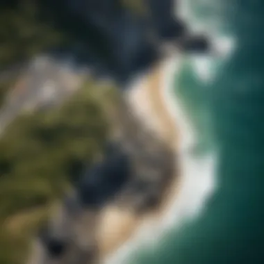 An aerial view of the rocky coastline of Rio, highlighting ideal surfing spots.