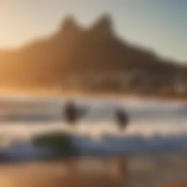 A stunning sunset view over Ipanema Beach showcasing surfers riding the waves.