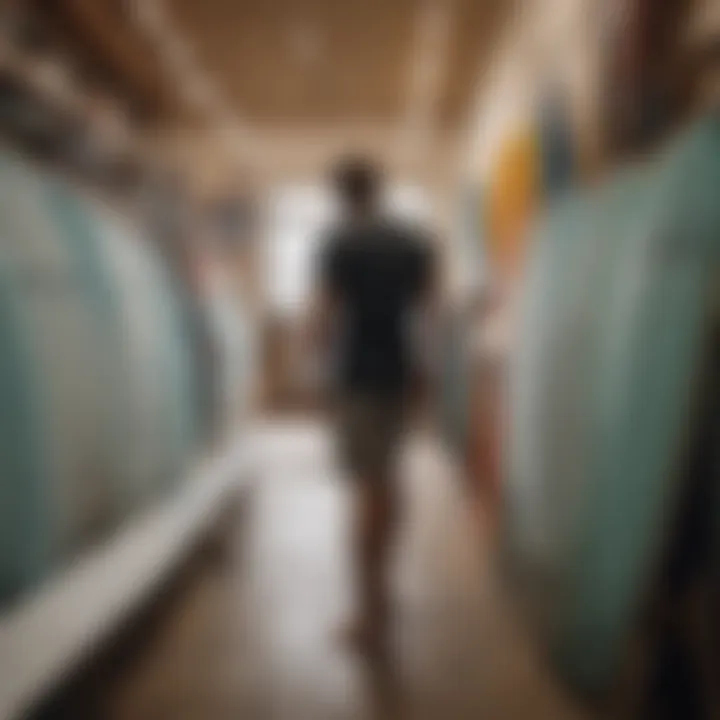 A surfer selecting the right wide surfboard at a surf shop