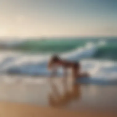 An individual in a deep Downward Dog pose surrounded by ocean waves