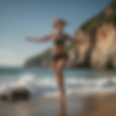 A serene yoga practitioner performing the Warrior pose by the shore