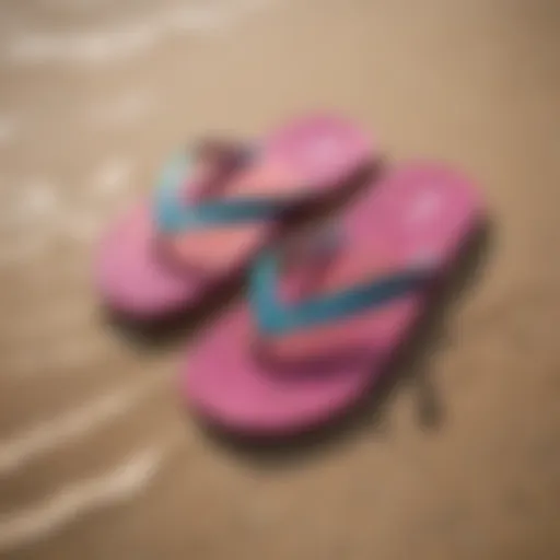 Showcasing the vibrant colors and glitter of Sanuk flip flops on a sandy beach