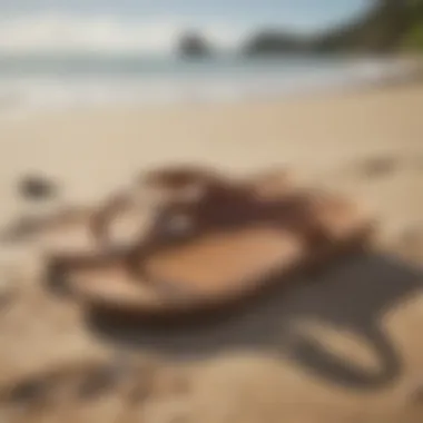 Outdoor scene featuring the Olukai Ohana Koa flip flop in a beach setting