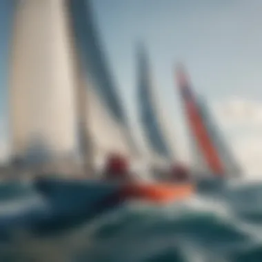 An intricate view of a competitive sailing regatta with colorful yachts