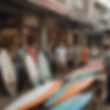 Community and Culture Around Retro Fish Surfboards Group of surfers discussing retro fish surfboards at a surf shop