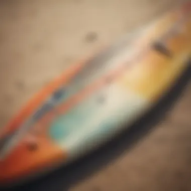 Close-up of the unique design features of a retro fish surfboard