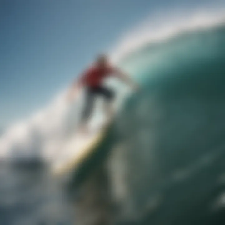 Surfer riding a wave on a retro fish surfboard