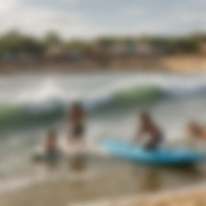 Families and friends enjoying the vibrant atmosphere of the Surf Park with amenities in the background.