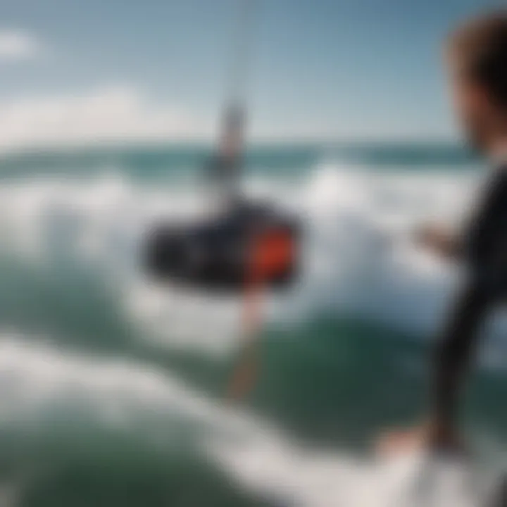 Surfer practicing advanced techniques using a surf winch on calm waters