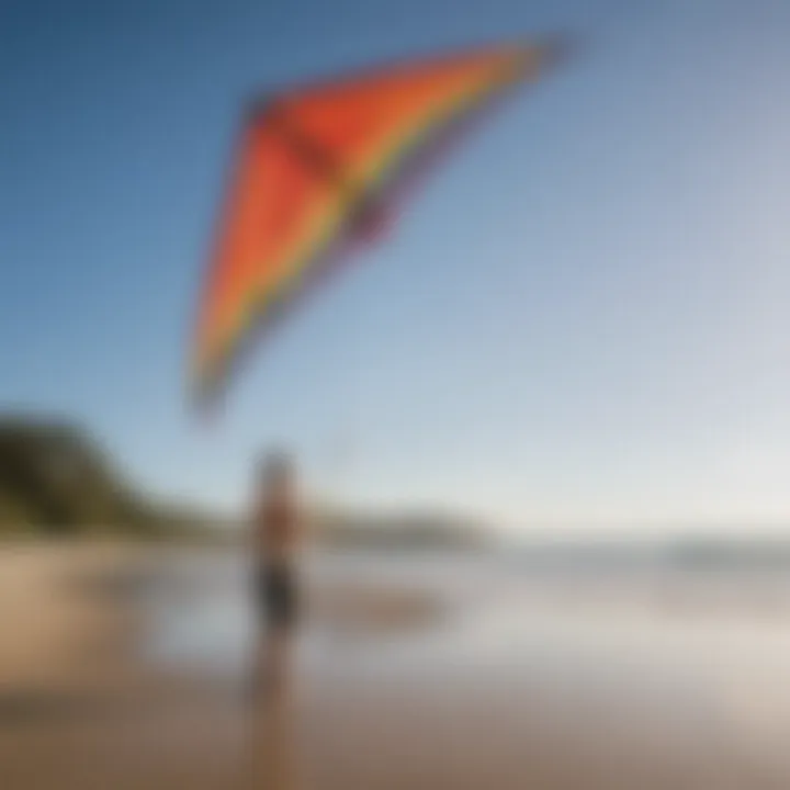 A beginner practicing to fly a beach kite near the shoreline