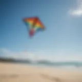 A colorful beach kite soaring against a clear blue sky