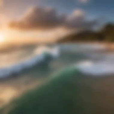 Stunning Bodyboarding Destination A panoramic view of a popular bodyboarding destination at sunset