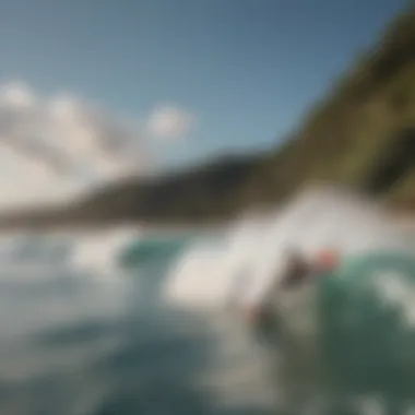 A vibrant beach scene showcasing bodyboarders riding the waves