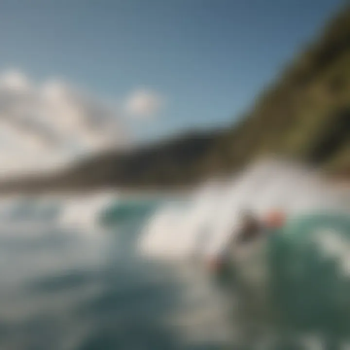 A vibrant beach scene showcasing bodyboarders riding the waves