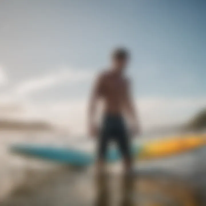 Surfer caring for used surfboard fins