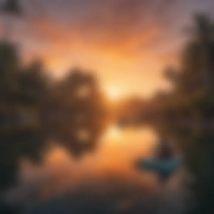 A vibrant sunset over a picturesque lagoon with kayakers