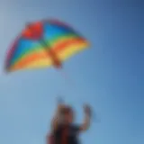 A vibrant two-handed kite soaring high against a clear blue sky