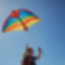 A vibrant two-handed kite soaring high against a clear blue sky