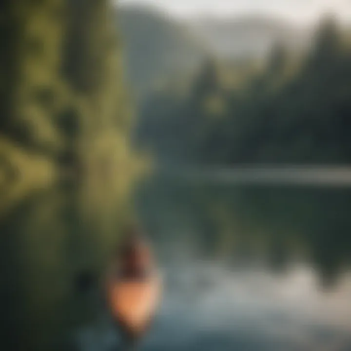 A serene scene of a leisure paddler enjoying a calm lake on a SUP board