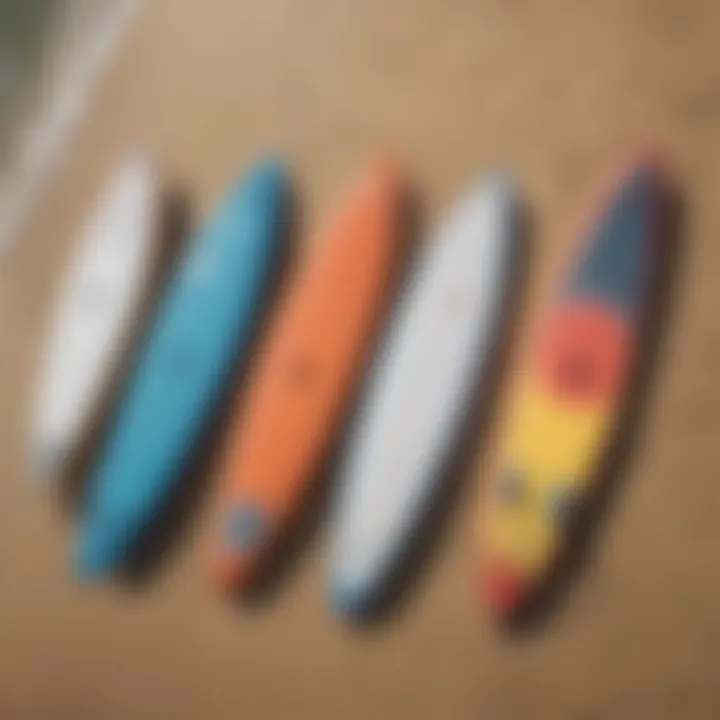 An overview of different types of SUP boards displayed on a sunny beach