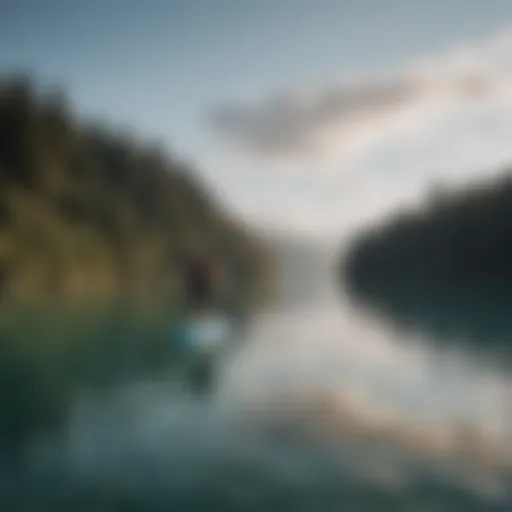 A wide stand up paddle board floating on calm water