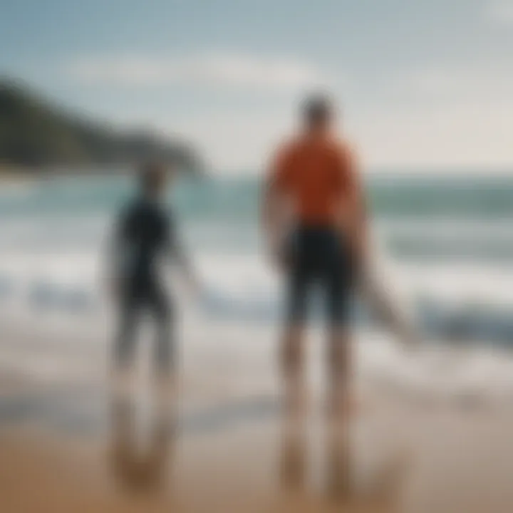 Surf instructor guiding a student on the beach