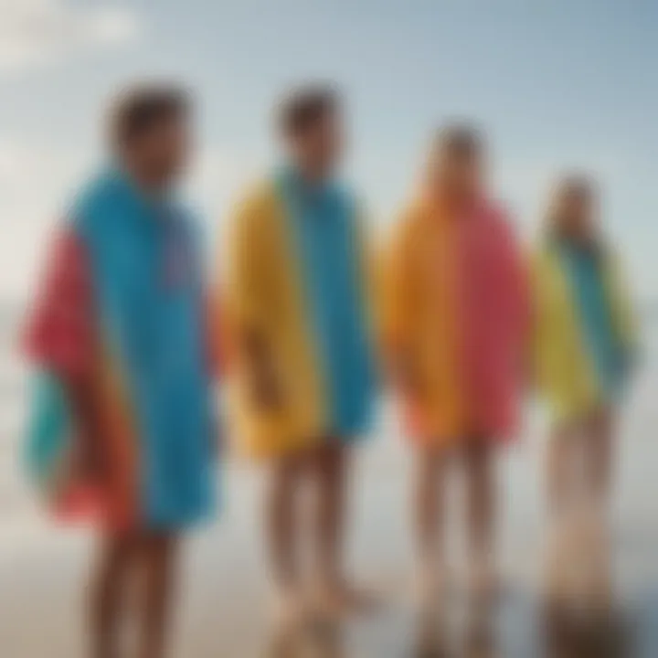 A group of friends enjoying their time at the beach, all sporting colorful surf towel ponchos.