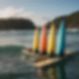 Close-up of surfboard fins in a vibrant ocean setting