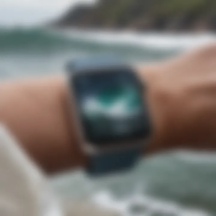 Close-up of Apple Watch displaying surf conditions