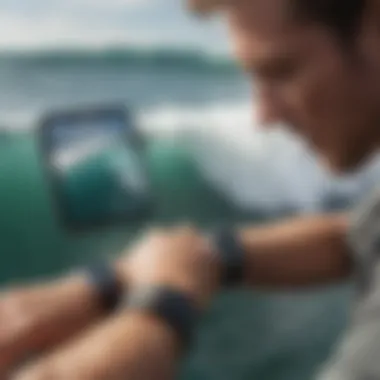 Surfer with Apple Watch accessing Surfline forecasts Surfer checking Surfline data on Apple Watch