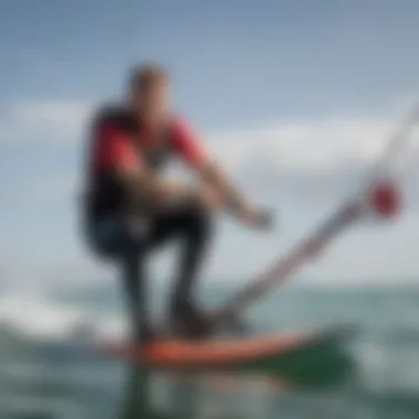 Kiteboarder adjusting the control bar during a session, demonstrating setup techniques