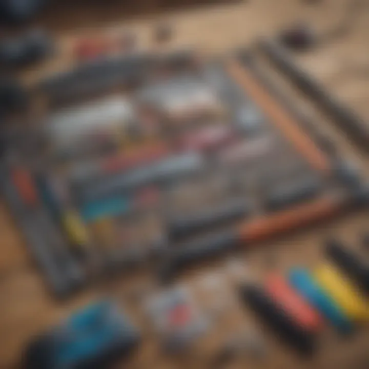 Maintenance tools laid out next to a kiteboarding control bar, emphasizing upkeep practices