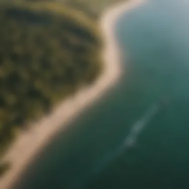 An aerial view of diverse terrains suitable for kiteboarding, ranging from beaches to grasslands.