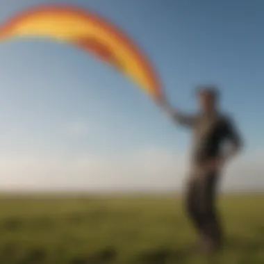 A focused individual demonstrating proper kite handling techniques in an open field.