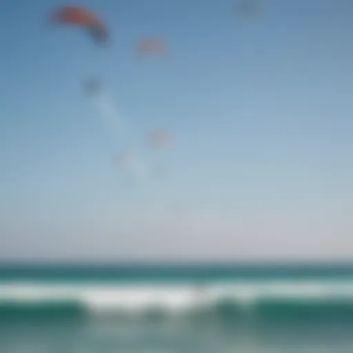 A vibrant kitesurfing scene on a Mexican beach, showcasing colorful kites soaring against the blue sky.