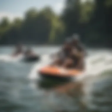 A scenic view of a group of kneeboarders enjoying a sunny day on the water